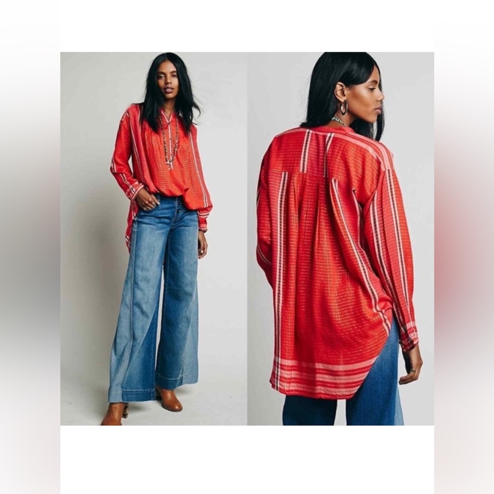 Free People Red Shimmer Yarn Dye Lurex Plaid Long Sleeve Tunic Button Down Shirt